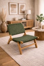 Moroccan Armchair in Nutwood with Green Cord – Handwoven Reclined Chair