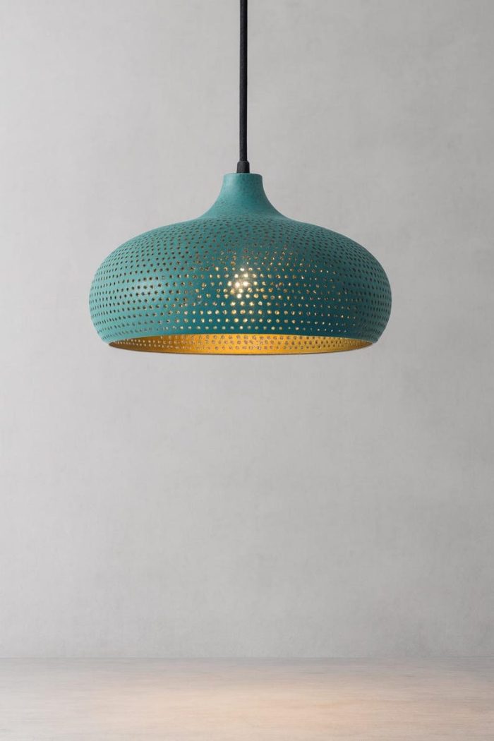 Hammered Brass Pendant Light with Turquoise Patina - Image 3