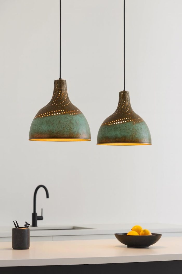 Hammered Brass Pendant Light with Turquoise Patina - Image 3