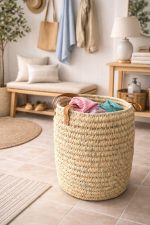 Natural Round Woven Laundry Basket with Leather Handles - Image 4