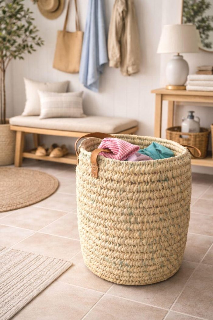 Natural Round Woven Laundry Basket with Leather Handles - Image 4