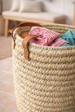 Natural Round Woven Laundry Basket with Leather Handles - Image 3