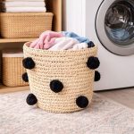 Natural Round Woven Laundry Basket with Black Pom Poms