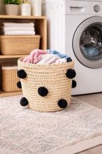 Natural Round Woven Laundry Basket with Black Pom Poms