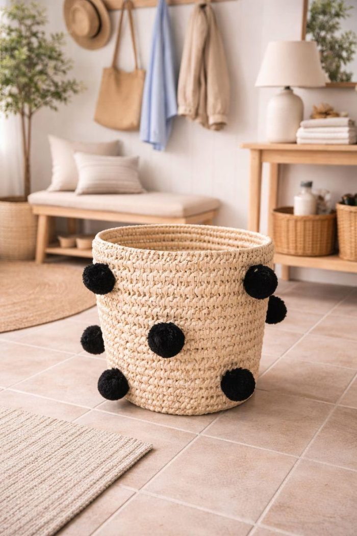 Natural Round Woven Laundry Basket with Black Pom Poms - Image 4