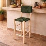 Moroccan Boho Bar Stool with Green Rope - Handmade Wooden Stool