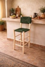 Moroccan Boho Bar Stool with Green Rope - Handmade Wooden Stool