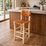 Moroccan Bar Stool with Leather Backrest - Handmade Wooden Stool