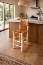 Moroccan Bar Stool with Leather Backrest - Handmade Wooden Stool