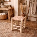 Handmade Moroccan Wooden Stool with Natural Leather Seat