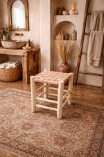 Handmade Moroccan Wooden Stool with Natural Leather Seat