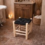 Small Handmade Moroccan Wooden Stool with Black Rope