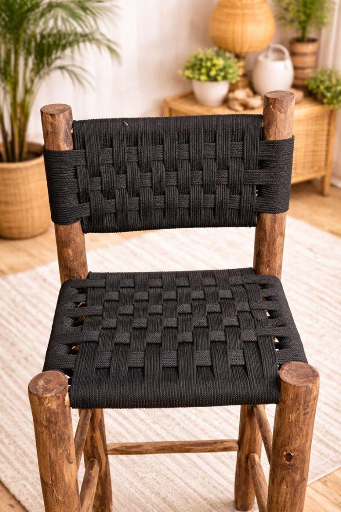 Set of Moroccan Boho Bar Stools with Black Rope - Handmade - Image 2