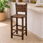 Moroccan Bar Stool with Dark Brown Leather - Handmade Wooden Stool
