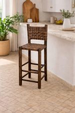 Moroccan Bar Stool with Dark Brown Leather - Handmade Wooden Stool