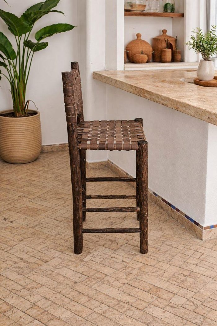 Moroccan Bar Stool with Dark Brown Leather - Handmade Wooden Stool - Image 2