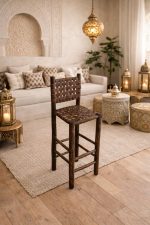 Moroccan Bar Stool with Dark Brown Leather - Handmade Wooden Stool - Image 3
