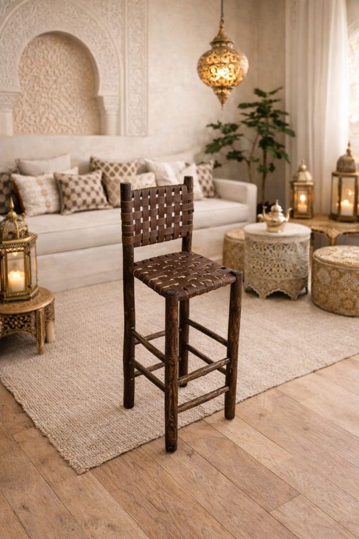 Moroccan Bar Stool with Dark Brown Leather - Handmade Wooden Stool - Image 3