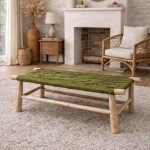 Handwoven Moroccan Bench with Green Rope - Handmade Eucalyptus Wood