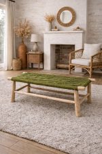 Handwoven Moroccan Bench with Green Rope - Handmade Eucalyptus Wood