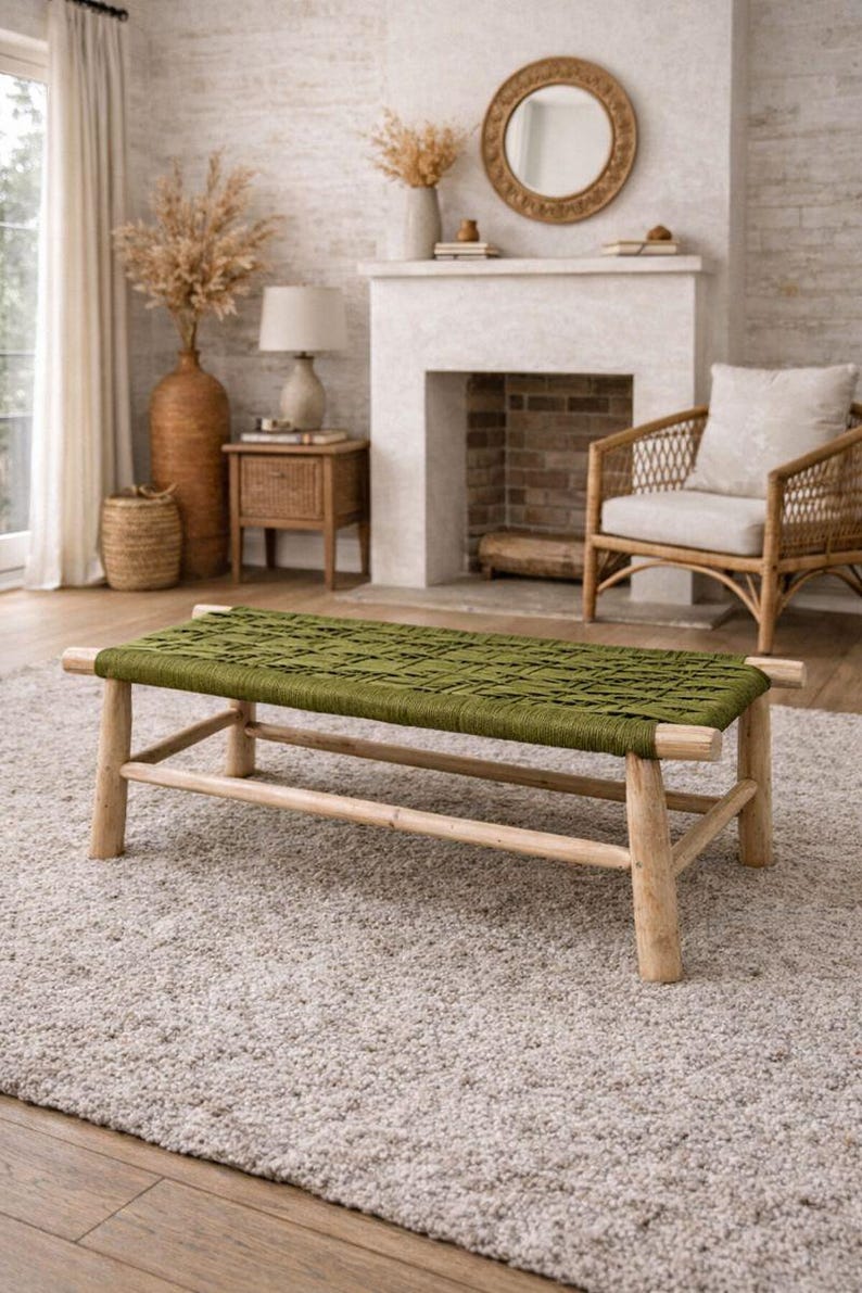 il_794xN.7575734357_131m Handwoven Moroccan Bench with Green Rope - Handmade Eucalyptus Wood - Image 1