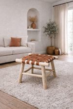 Kleine Marokkaanse Handgemaakte Bank met Bruin Leer