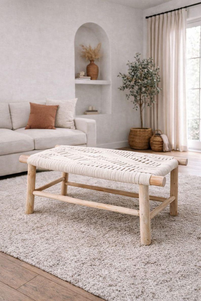 il_794xN.7575755141_1uhk (1) Marokkaanse handgeweven bank met wit koord - Image 1