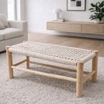 Handwoven Moroccan Bench with White Rope - Handmade Eucalyptus Wood