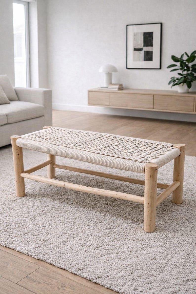 il_794xN.7575769519_ikxg Handwoven Moroccan Bench with White Rope - Handmade Eucalyptus Wood - Image 1