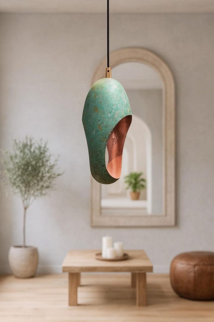 Turquoise Patina Copper Pendant Light – Modern Artisan Hanging Lamp - Image 5