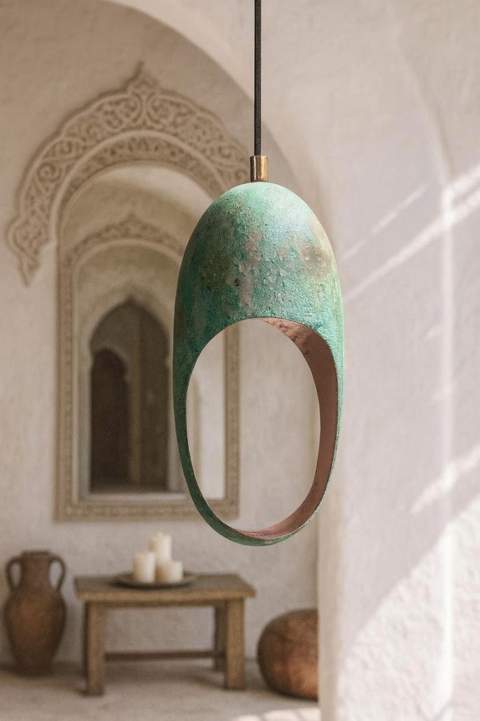 Turquoise Patina Copper Pendant Light – Modern Artisan Hanging Lamp - Image 2
