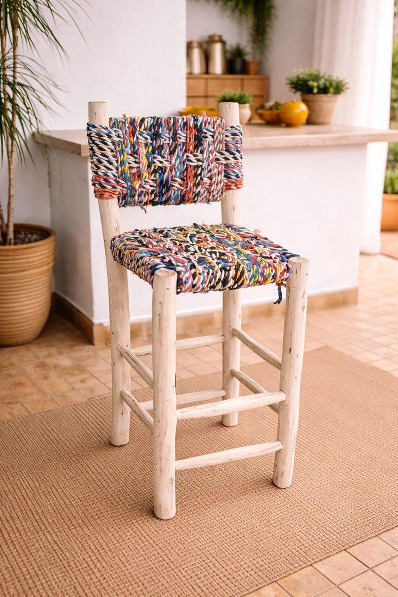 il_794xN.7576600419_n2oe Handmade Laurel Wood Bar Stool with Boucherouite Rope - Moroccan Boho - Image 1
