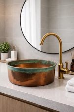 Copper Vessel Sink with Green Patina Rim – Hammered Round Basin - Image 3