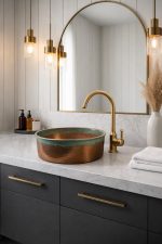 Copper Vessel Sink with Green Patina Rim – Hammered Round Basin - Image 2