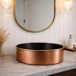 Two-Tone Copper Vessel Sink – Hammered Round Basin (Black Interior)