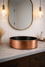 Two-Tone Copper Vessel Sink – Hammered Round Basin (Black Interior)