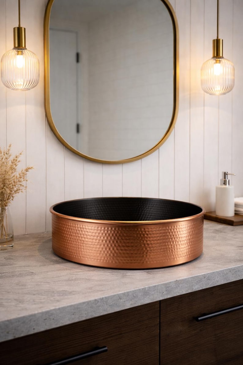 il_794xN.7576885160_189p Two-Tone Copper Vessel Sink – Hammered Round Basin (Black Interior) - Image 1