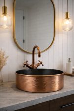 Two-Tone Copper Vessel Sink – Hammered Round Basin (Black Interior) - Image 2