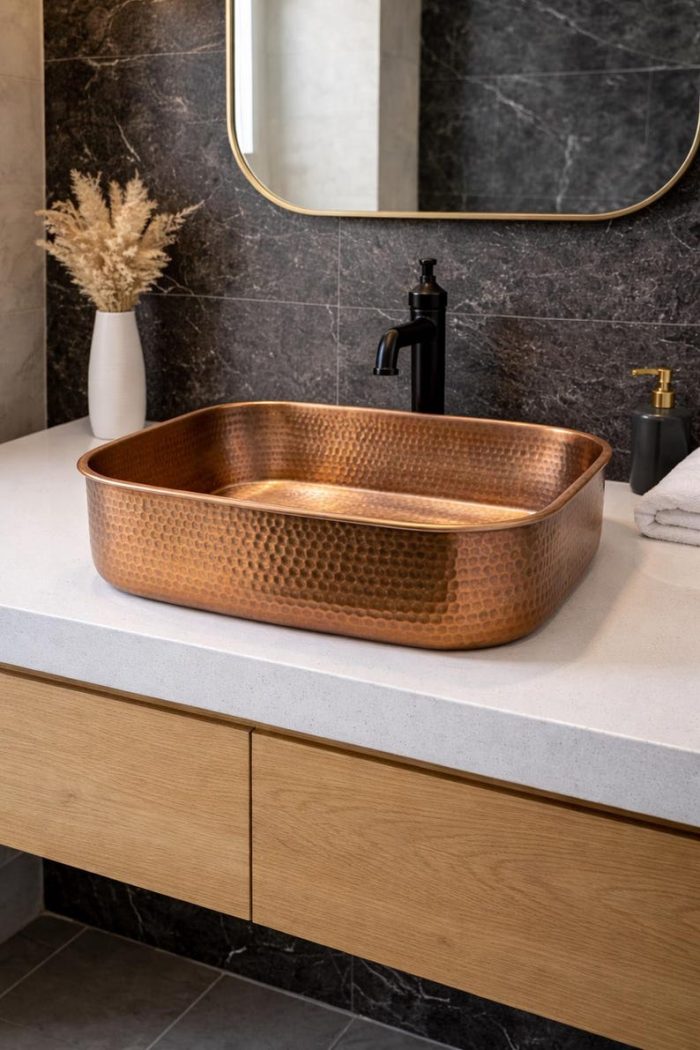 Handmade Hammered Copper Rectangle Vessel Sink – Rustic Basin - Image 3