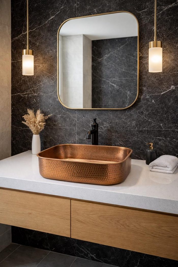 Handmade Hammered Copper Rectangle Vessel Sink – Rustic Basin - Image 4