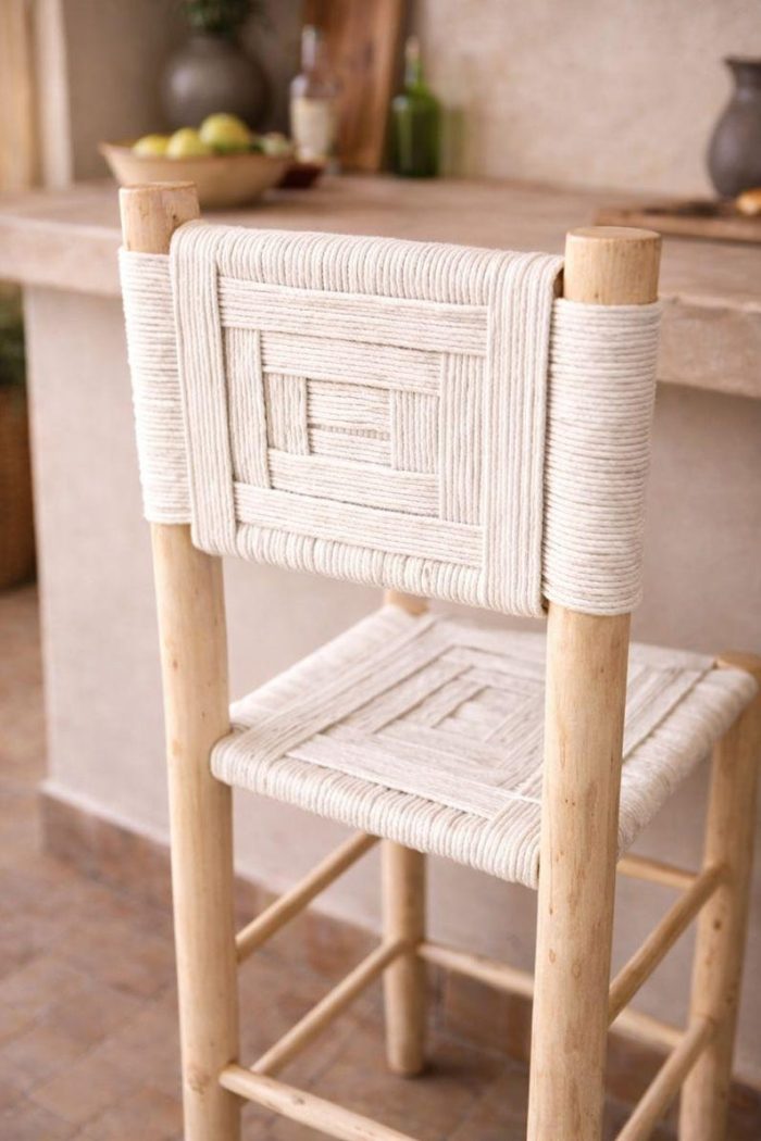 Moroccan Boho Bar Stools with White Rope Weave - Handmade Set (2) - Image 4