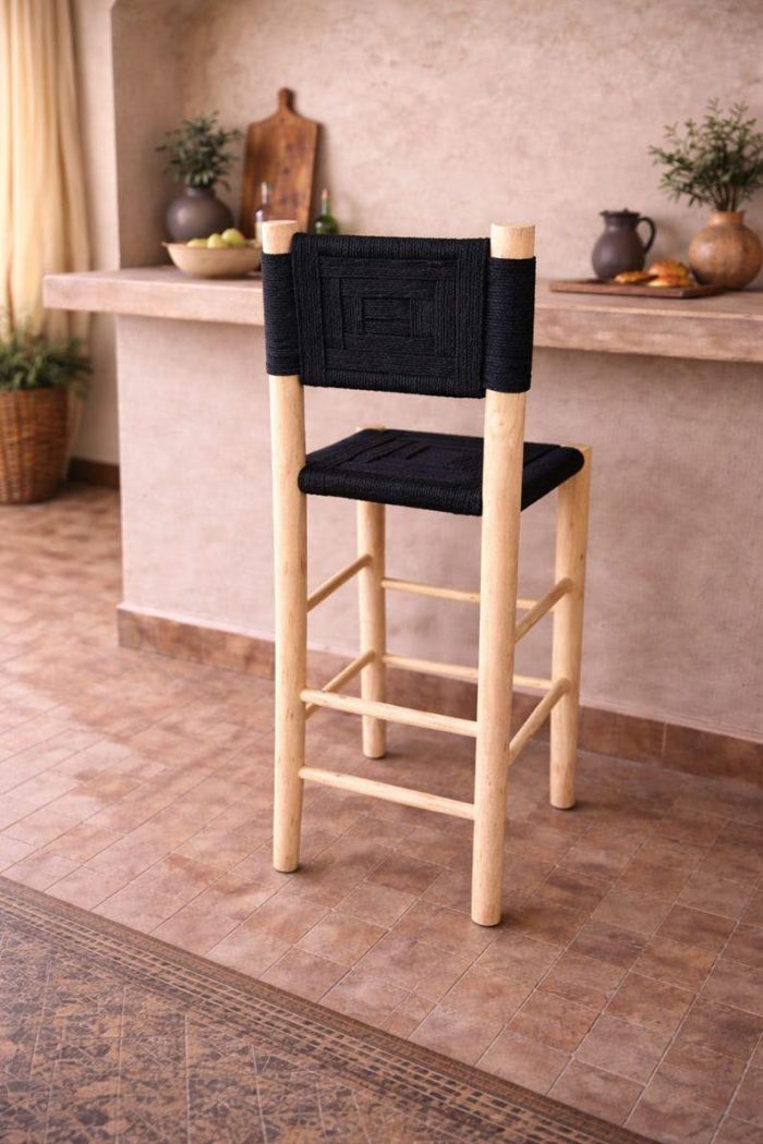 Moroccan Boho Bar Stool with Black Rope Weave - Handmade - Image 5
