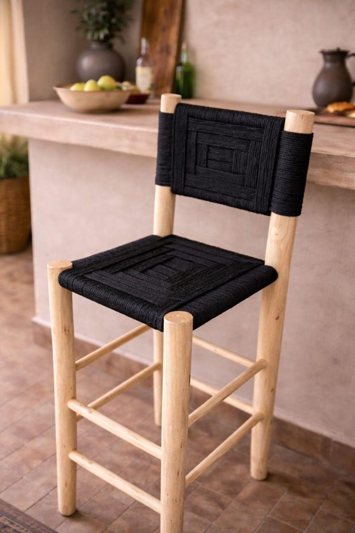 Moroccan Boho Bar Stool with Black Rope Weave - Handmade - Image 2