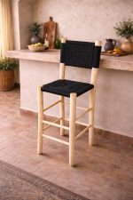 Moroccan Boho Bar Stool with Black Rope Weave - Handmade
