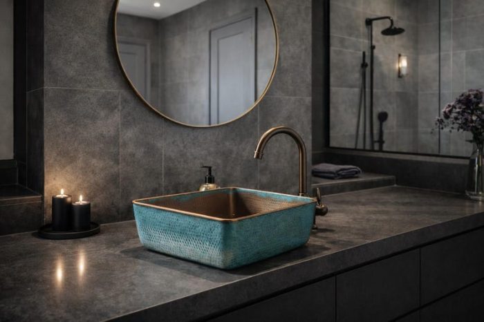 Turquoise Patina Square Copper Vessel Sink – Hammered Bathroom Basin - Image 4
