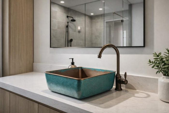 Turquoise Patina Square Copper Vessel Sink – Hammered Bathroom Basin - Image 3