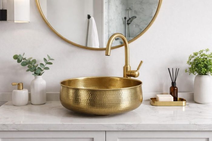 Hammered Brass Round Vessel Sink – Gold Bathroom Bowl Basin - Image 4