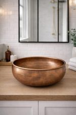 Antique Copper Round Vessel Sink – Rustic Patina Bathroom Bowl