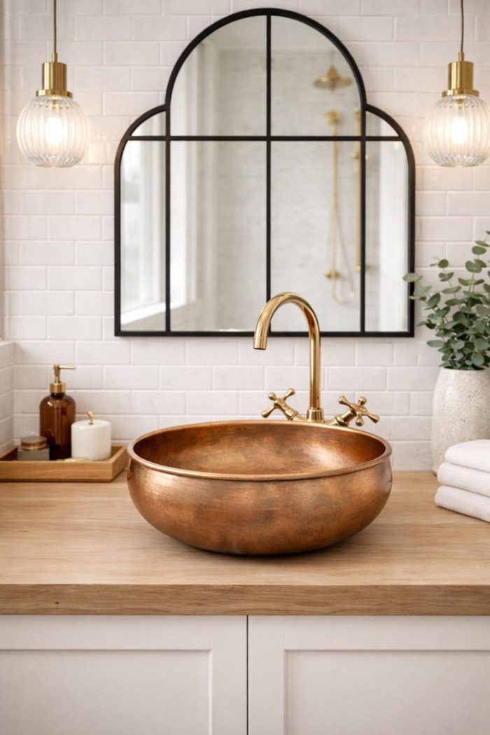 Antique Copper Round Vessel Sink – Rustic Patina Bathroom Bowl - Image 2