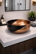 Black & Copper Hammered Vessel Sink – Modern Round Bowl Basin